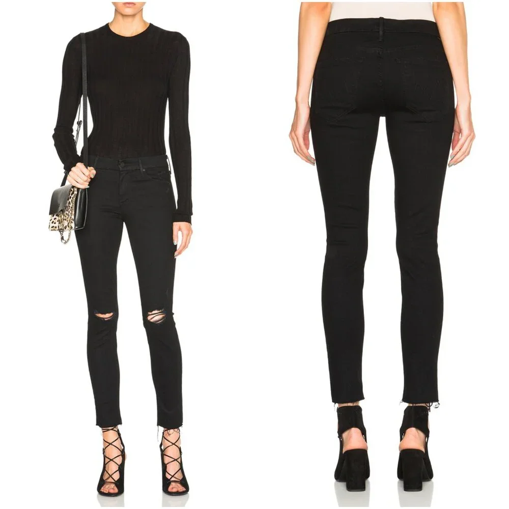 NWT Mother The Looker Ankle Fray Guilty As Sin Distressed Black Skinny Jeans 24